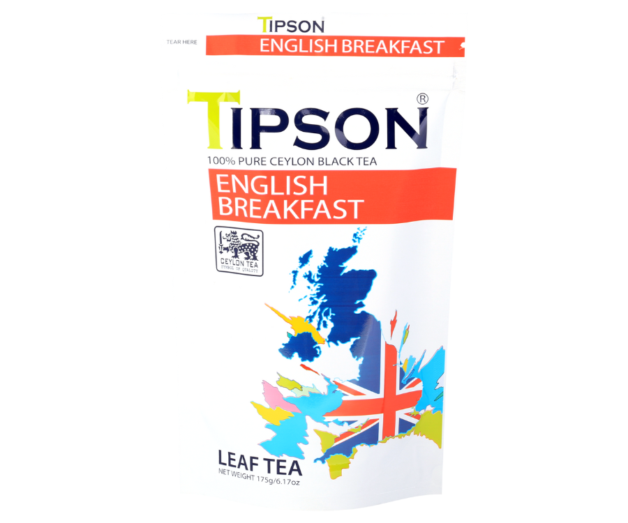 Tipson English Breakfast – czarna herbata cejlońska bez dodatków. Mieszanka liści została umieszczona w ozdobnej torebce z zamknięciem strunowym z grafiką mapy Wielkiej Brytanii.