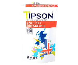 Tipson English Breakfast – czarna herbata cejlońska bez dodatków. Mieszanka liści została umieszczona w ozdobnej torebce z zamknięciem strunowym z grafiką mapy Wielkiej Brytanii.