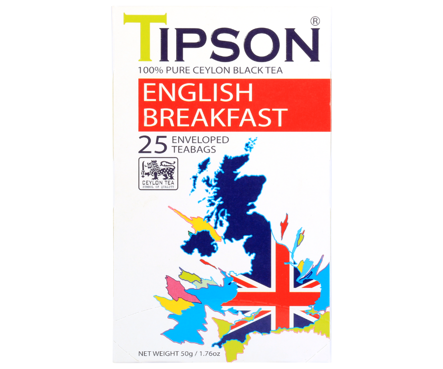 Tipson English Breakfast – czarna herbata cejlońska bez dodatków. Kopertowane saszetki zostały umieszczone w ozdobnym opakowaniu z grafiką mapy Wielkiej Brytanii.