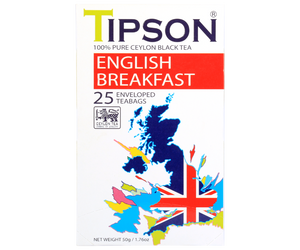 Tipson English Breakfast – czarna herbata cejlońska bez dodatków. Kopertowane saszetki zostały umieszczone w ozdobnym opakowaniu z grafiką mapy Wielkiej Brytanii.