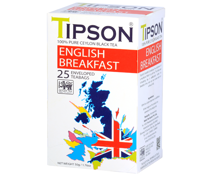 Tipson English Breakfast – czarna herbata cejlońska bez dodatków. Kopertowane saszetki zostały umieszczone w ozdobnym opakowaniu z grafiką mapy Wielkiej Brytanii.