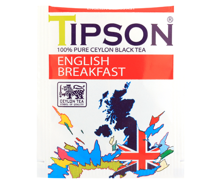 Tipson English Breakfast – czarna herbata cejlońska bez dodatków. Kopertowane saszetki zostały umieszczone w ozdobnym opakowaniu z grafiką mapy Wielkiej Brytanii.