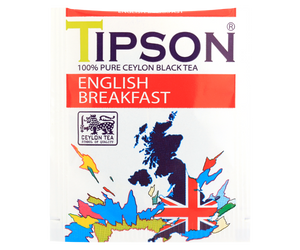 Tipson English Breakfast – czarna herbata cejlońska bez dodatków. Kopertowane saszetki zostały umieszczone w ozdobnym opakowaniu z grafiką mapy Wielkiej Brytanii.