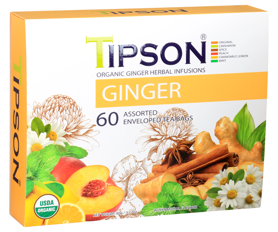 Tipson Ginger Assorted – zestaw herbat z kolekcji organicznych naparów. 6 smaków w kopertowanych saszetkach zapakowanych w ozdobną herbaciarkę z motywem kwiatów, owoców, przypraw i ziół.