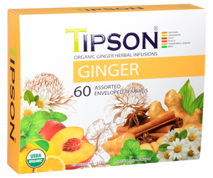 Tipson Ginger Assorted – zestaw herbat z kolekcji organicznych naparów. 6 smaków w kopertowanych saszetkach zapakowanych w ozdobną herbaciarkę z motywem kwiatów, owoców, przypraw i ziół.