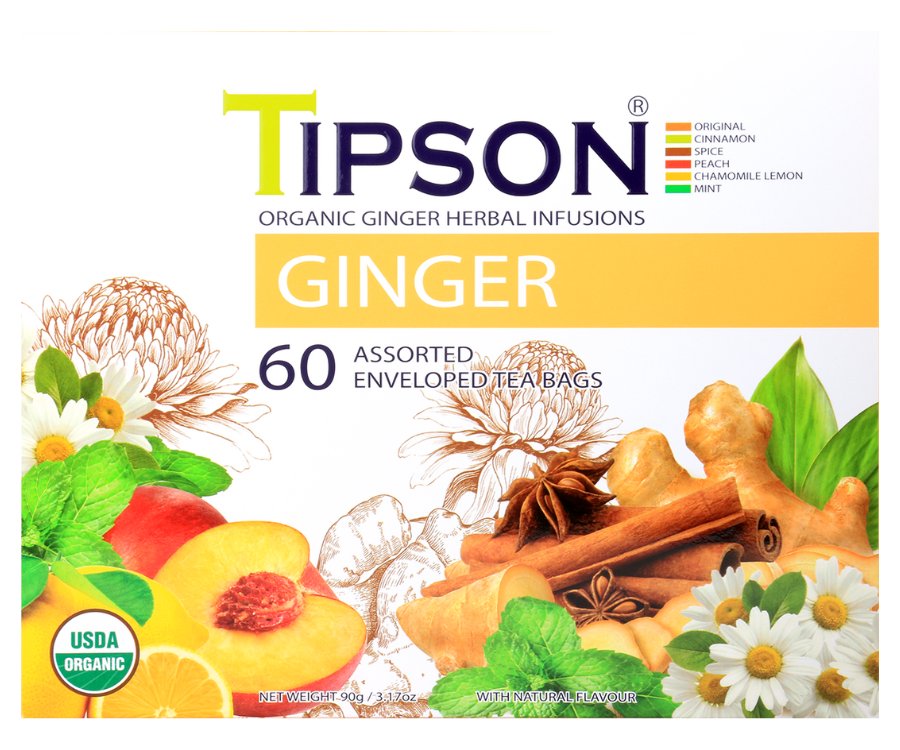 Tipson Ginger Assorted – zestaw herbat z kolekcji organicznych naparów. 6 smaków w kopertowanych saszetkach zapakowanych w ozdobną herbaciarkę z motywem kwiatów, owoców, przypraw i ziół.