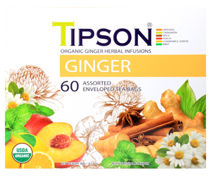 Tipson Ginger Assorted – zestaw herbat z kolekcji organicznych naparów. 6 smaków w kopertowanych saszetkach zapakowanych w ozdobną herbaciarkę z motywem kwiatów, owoców, przypraw i ziół.