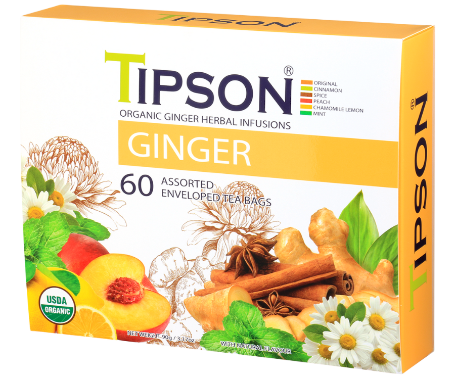 Tipson Ginger Assorted – zestaw herbat z kolekcji organicznych naparów. 6 smaków w kopertowanych saszetkach zapakowanych w ozdobną herbaciarkę z motywem kwiatów, owoców, przypraw i ziół.