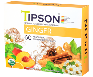 Tipson Ginger Assorted – zestaw herbat z kolekcji organicznych naparów. 6 smaków w kopertowanych saszetkach zapakowanych w ozdobną herbaciarkę z motywem kwiatów, owoców, przypraw i ziół.