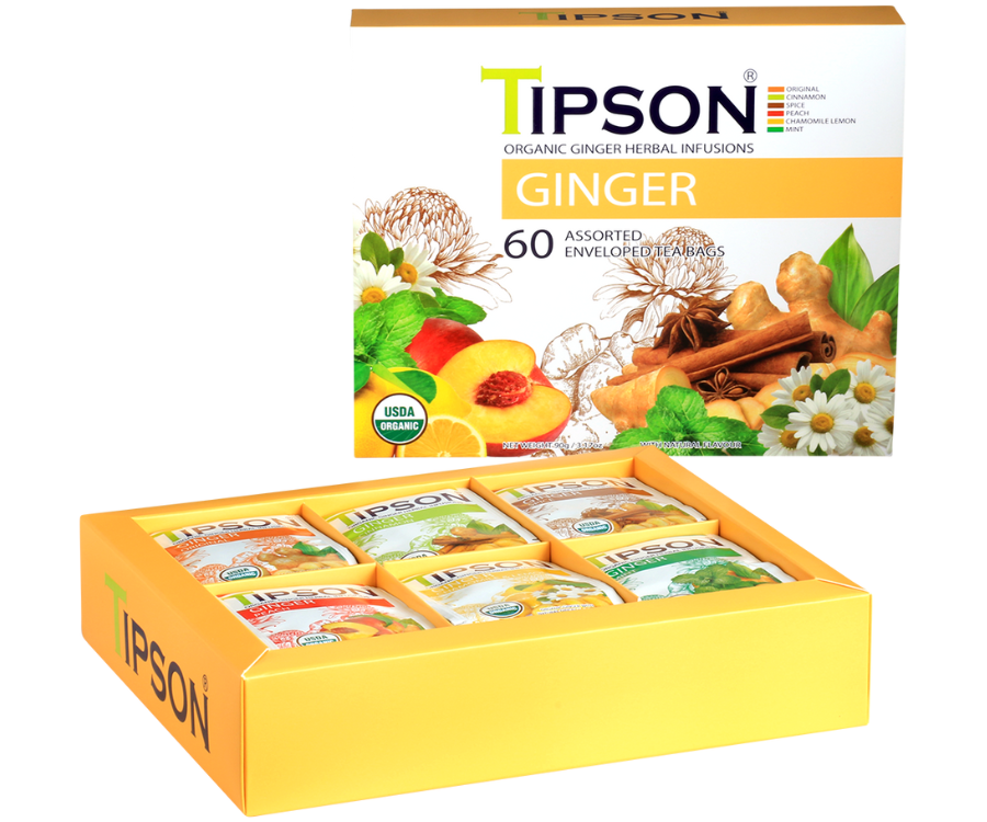 Tipson Ginger Assorted – zestaw herbat z kolekcji organicznych naparów. 6 smaków w kopertowanych saszetkach zapakowanych w ozdobną herbaciarkę z motywem kwiatów, owoców, przypraw i ziół.