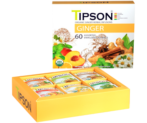 Tipson Ginger Assorted – zestaw herbat z kolekcji organicznych naparów. 6 smaków w kopertowanych saszetkach zapakowanych w ozdobną herbaciarkę z motywem kwiatów, owoców, przypraw i ziół.