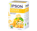 Tipson Ginger Chamomile & Lemon – organiczna mieszanka rumianku, imbiru, trawy cytrynowej oraz naturalnego aromatu imbiru i cytryny. Kopertowane saszetki zostały umieszczone w opakowaniu ozdobionym grafiką kwiatów, imbiru i cytryny.