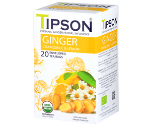 Tipson Ginger Chamomile & Lemon – organiczna mieszanka rumianku, imbiru, trawy cytrynowej oraz naturalnego aromatu imbiru i cytryny. Kopertowane saszetki zostały umieszczone w opakowaniu ozdobionym grafiką kwiatów, imbiru i cytryny.