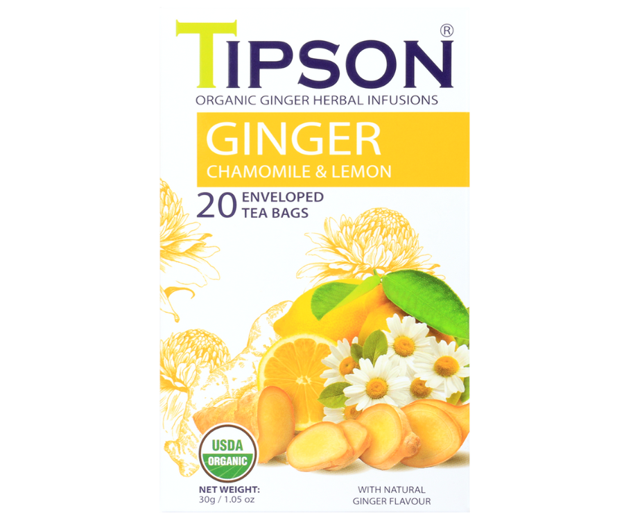 Tipson Ginger Chamomile & Lemon – organiczna mieszanka rumianku, imbiru, trawy cytrynowej oraz naturalnego aromatu imbiru i cytryny. Kopertowane saszetki zostały umieszczone w opakowaniu ozdobionym grafiką kwiatów, imbiru i cytryny.