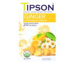 Tipson Ginger Chamomile & Lemon – organiczna mieszanka rumianku, imbiru, trawy cytrynowej oraz naturalnego aromatu imbiru i cytryny. Kopertowane saszetki zostały umieszczone w opakowaniu ozdobionym grafiką kwiatów, imbiru i cytryny.