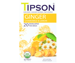 Tipson Ginger Chamomile & Lemon – organiczna mieszanka rumianku, imbiru, trawy cytrynowej oraz naturalnego aromatu imbiru i cytryny. Kopertowane saszetki zostały umieszczone w opakowaniu ozdobionym grafiką kwiatów, imbiru i cytryny.