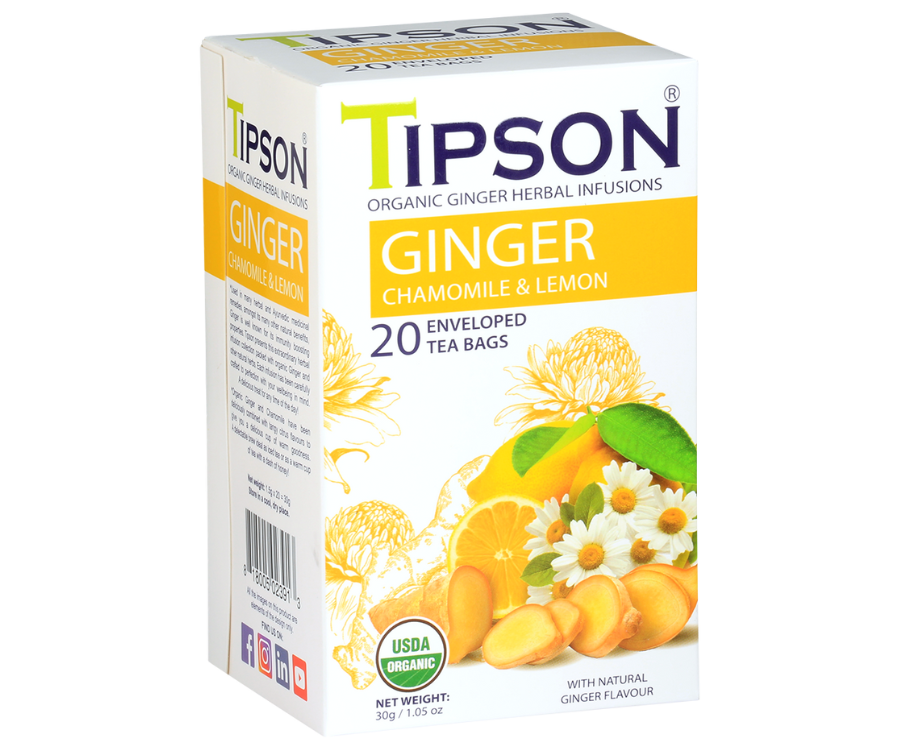 Tipson Ginger Chamomile & Lemon – organiczna mieszanka rumianku, imbiru, trawy cytrynowej oraz naturalnego aromatu imbiru i cytryny. Kopertowane saszetki zostały umieszczone w opakowaniu ozdobionym grafiką kwiatów, imbiru i cytryny.