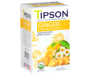 Tipson Ginger Chamomile & Lemon – organiczna mieszanka rumianku, imbiru, trawy cytrynowej oraz naturalnego aromatu imbiru i cytryny. Kopertowane saszetki zostały umieszczone w opakowaniu ozdobionym grafiką kwiatów, imbiru i cytryny.