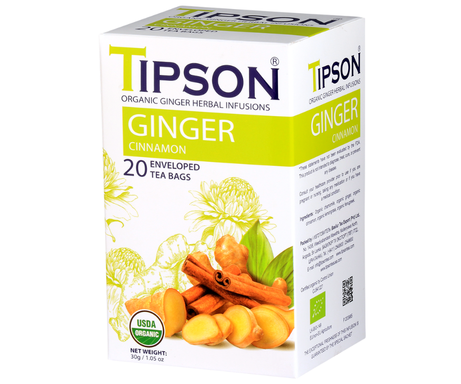 Tipson Ginger Cinnamon – organiczna mieszanka rumianku, imbiru, cynamonu, trawy cytrynowej i kozieradki. Kopertowane saszetki zostały umieszczone w opakowaniu ozdobionym grafiką kwiatów, cynamonu i imbiru.