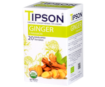 Tipson Ginger Cinnamon – organiczna mieszanka rumianku, imbiru, cynamonu, trawy cytrynowej i kozieradki. Kopertowane saszetki zostały umieszczone w opakowaniu ozdobionym grafiką kwiatów, cynamonu i imbiru.