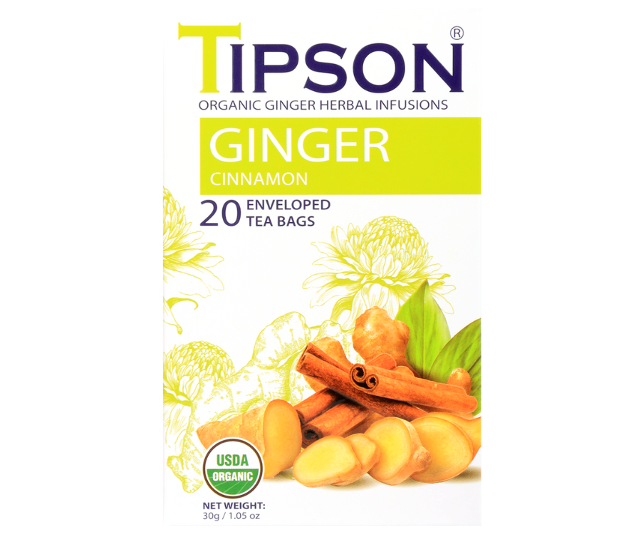 Tipson Ginger Cinnamon – organiczna mieszanka rumianku, imbiru, cynamonu, trawy cytrynowej i kozieradki. Kopertowane saszetki zostały umieszczone w opakowaniu ozdobionym grafiką kwiatów, cynamonu i imbiru.