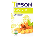 Tipson Ginger Cinnamon – organiczna mieszanka rumianku, imbiru, cynamonu, trawy cytrynowej i kozieradki. Kopertowane saszetki zostały umieszczone w opakowaniu ozdobionym grafiką kwiatów, cynamonu i imbiru.