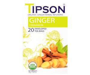 Tipson Ginger Cinnamon – organiczna mieszanka rumianku, imbiru, cynamonu, trawy cytrynowej i kozieradki. Kopertowane saszetki zostały umieszczone w opakowaniu ozdobionym grafiką kwiatów, cynamonu i imbiru.