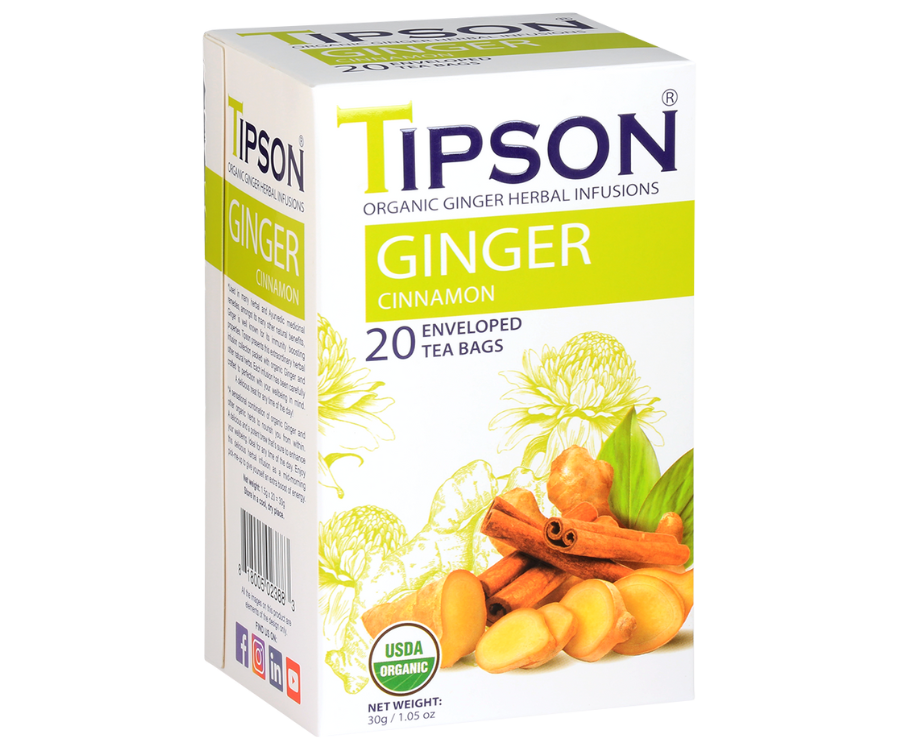 Tipson Ginger Cinnamon – organiczna mieszanka rumianku, imbiru, cynamonu, trawy cytrynowej i kozieradki. Kopertowane saszetki zostały umieszczone w opakowaniu ozdobionym grafiką kwiatów, cynamonu i imbiru.