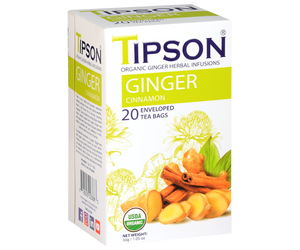 Tipson Ginger Cinnamon – organiczna mieszanka rumianku, imbiru, cynamonu, trawy cytrynowej i kozieradki. Kopertowane saszetki zostały umieszczone w opakowaniu ozdobionym grafiką kwiatów, cynamonu i imbiru.