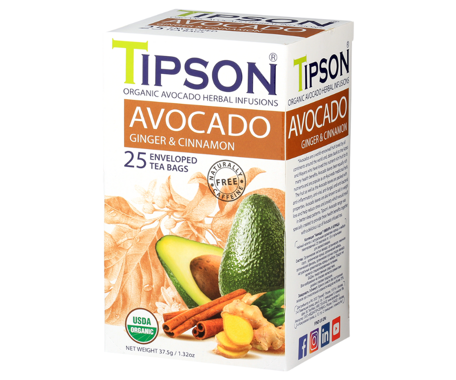 Tipson Avocado Ginger & Cinnamon – organiczna mieszanka liści awokado, trawy cytrynowej, cynamonu, imbiru, kopru włoskiego, owocu awokado oraz naturalnego aromatu cynamonu i imbiru. Kopertowane saszetki zostały umieszczone w opakowaniu ozdobionym grafiką liści, owoców i przypraw.