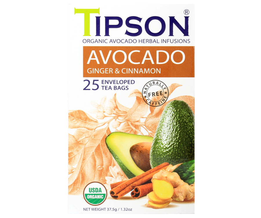 Tipson Avocado Ginger & Cinnamon – organiczna mieszanka liści awokado, trawy cytrynowej, cynamonu, imbiru, kopru włoskiego, owocu awokado oraz naturalnego aromatu cynamonu i imbiru. Kopertowane saszetki zostały umieszczone w opakowaniu ozdobionym grafiką liści, owoców i przypraw.