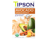 Tipson Avocado Ginger & Cinnamon – organiczna mieszanka liści awokado, trawy cytrynowej, cynamonu, imbiru, kopru włoskiego, owocu awokado oraz naturalnego aromatu cynamonu i imbiru. Kopertowane saszetki zostały umieszczone w opakowaniu ozdobionym grafiką liści, owoców i przypraw.