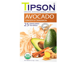 Tipson Avocado Ginger & Cinnamon – organiczna mieszanka liści awokado, trawy cytrynowej, cynamonu, imbiru, kopru włoskiego, owocu awokado oraz naturalnego aromatu cynamonu i imbiru. Kopertowane saszetki zostały umieszczone w opakowaniu ozdobionym grafiką liści, owoców i przypraw.