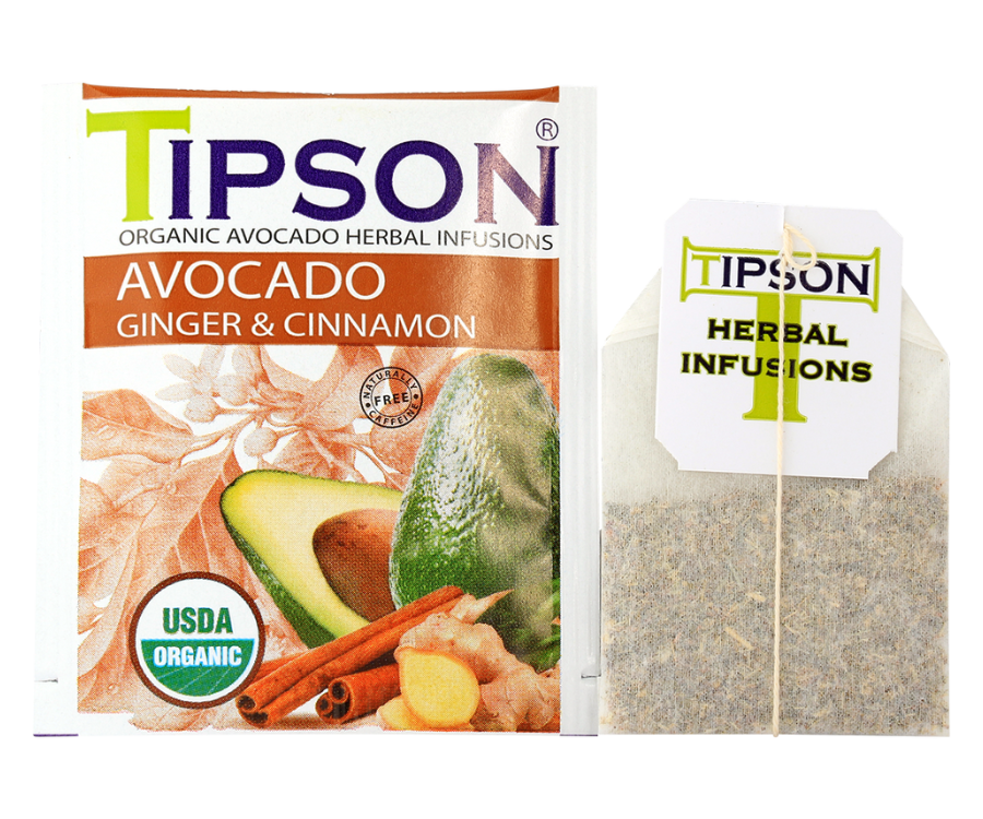 Tipson Avocado Ginger & Cinnamon – organiczna mieszanka liści awokado, trawy cytrynowej, cynamonu, imbiru, kopru włoskiego, owocu awokado oraz naturalnego aromatu cynamonu i imbiru. Kopertowane saszetki zostały umieszczone w opakowaniu ozdobionym grafiką liści, owoców i przypraw.