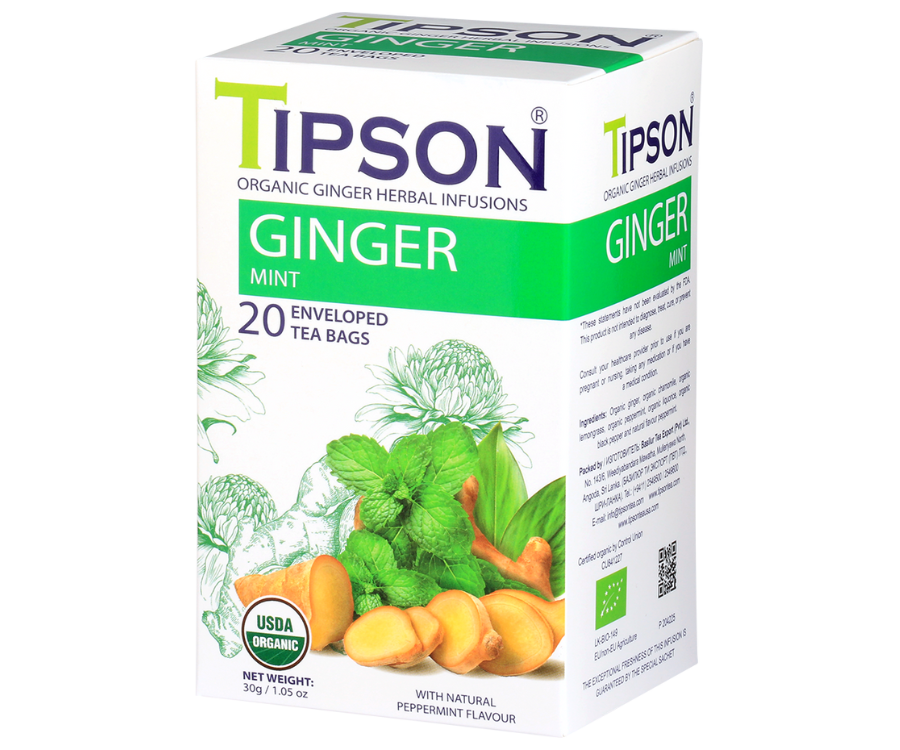 Tipson Ginger Mint – organiczna mieszanka imbiru, rumianku, trawy cytrynowej, mięty pieprzowej, lukrecji, czarnego pieprzu oraz naturalnego aromatu mięty. Kopertowane saszetki zostały umieszczone w opakowaniu ozdobionym grafiką kwiatów, imbiru i mięty.