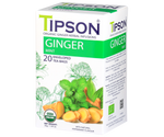 Tipson Ginger Mint – organiczna mieszanka imbiru, rumianku, trawy cytrynowej, mięty pieprzowej, lukrecji, czarnego pieprzu oraz naturalnego aromatu mięty. Kopertowane saszetki zostały umieszczone w opakowaniu ozdobionym grafiką kwiatów, imbiru i mięty.