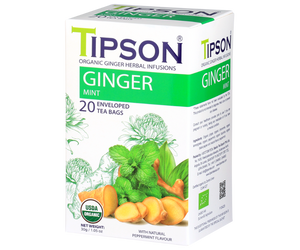 Tipson Ginger Mint – organiczna mieszanka imbiru, rumianku, trawy cytrynowej, mięty pieprzowej, lukrecji, czarnego pieprzu oraz naturalnego aromatu mięty. Kopertowane saszetki zostały umieszczone w opakowaniu ozdobionym grafiką kwiatów, imbiru i mięty.