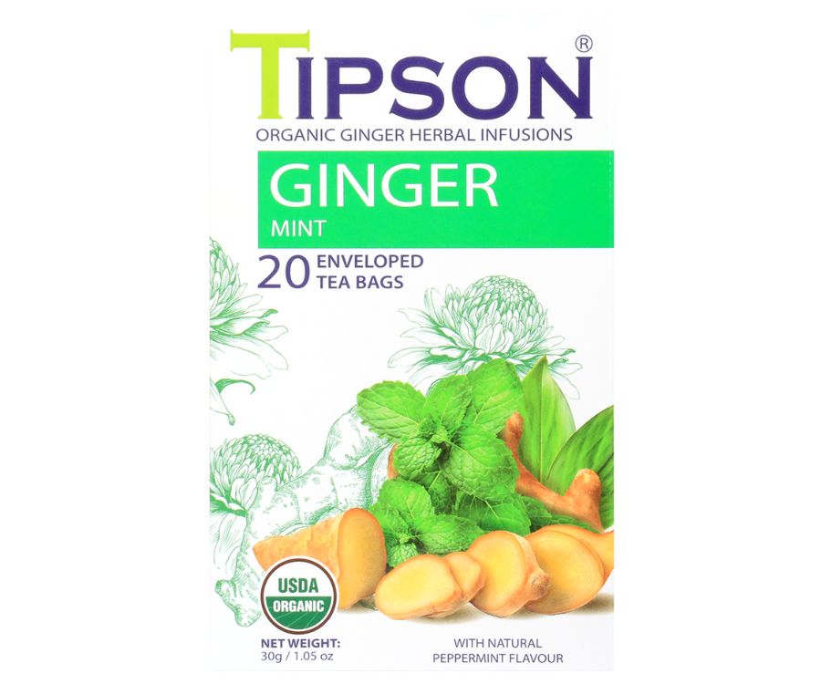 Tipson Ginger Mint – organiczna mieszanka imbiru, rumianku, trawy cytrynowej, mięty pieprzowej, lukrecji, czarnego pieprzu oraz naturalnego aromatu mięty. Kopertowane saszetki zostały umieszczone w opakowaniu ozdobionym grafiką kwiatów, imbiru i mięty.