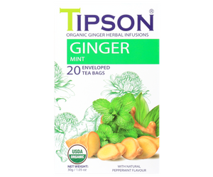 Tipson Ginger Mint – organiczna mieszanka imbiru, rumianku, trawy cytrynowej, mięty pieprzowej, lukrecji, czarnego pieprzu oraz naturalnego aromatu mięty. Kopertowane saszetki zostały umieszczone w opakowaniu ozdobionym grafiką kwiatów, imbiru i mięty.