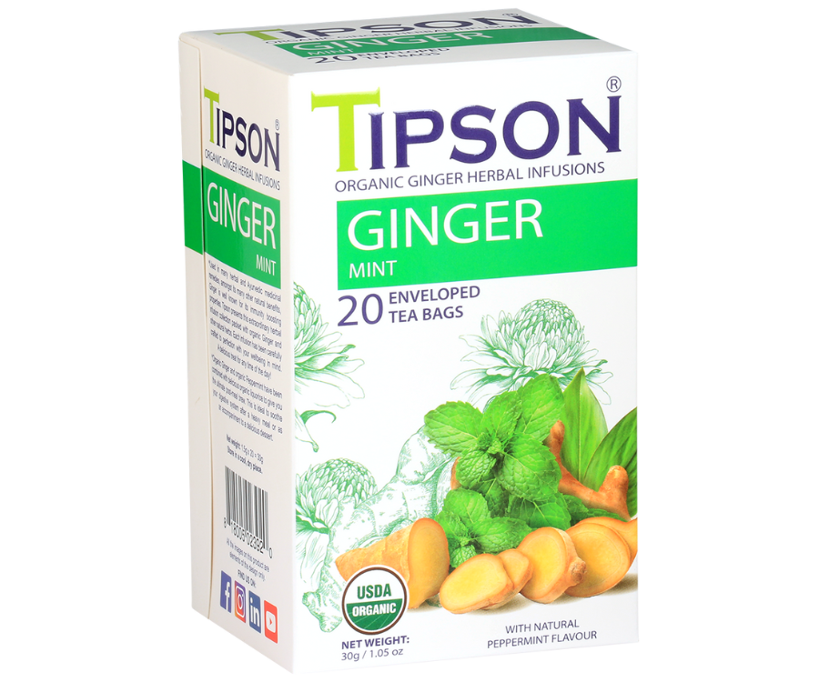 Tipson Ginger Mint – organiczna mieszanka imbiru, rumianku, trawy cytrynowej, mięty pieprzowej, lukrecji, czarnego pieprzu oraz naturalnego aromatu mięty. Kopertowane saszetki zostały umieszczone w opakowaniu ozdobionym grafiką kwiatów, imbiru i mięty.