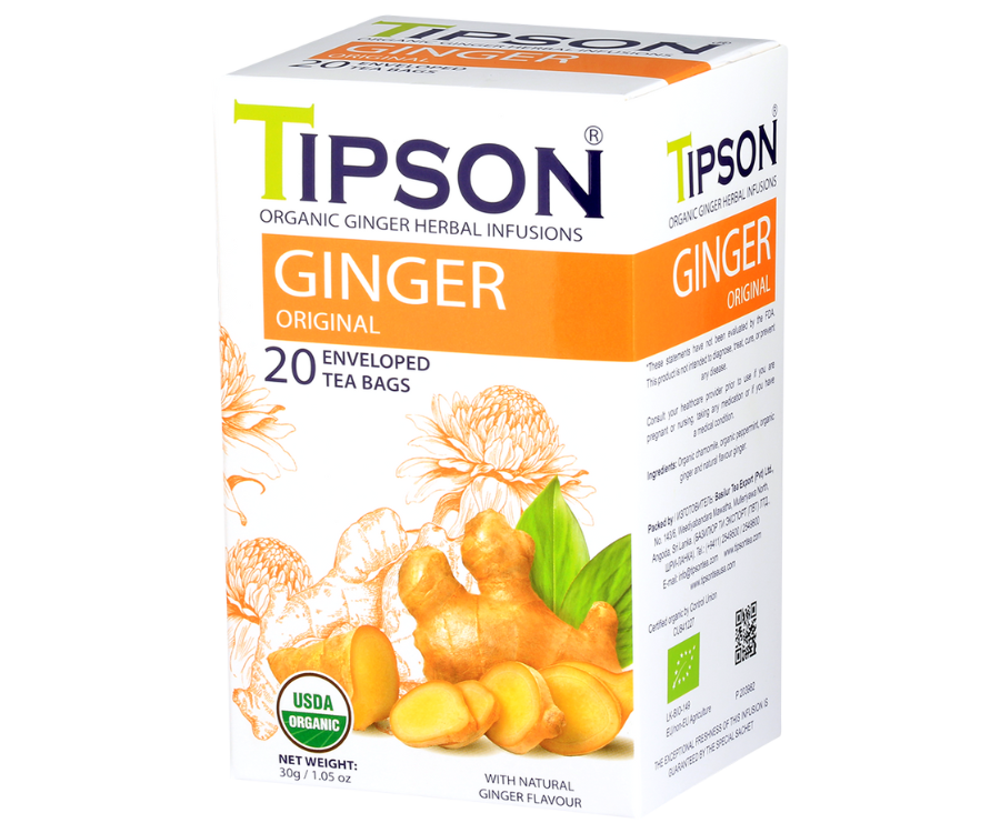 Tipson Ginger Original – organiczna mieszanka rumianku, mięty pieprzowej, imbiru oraz naturalnego aromatu imbiru. Kopertowane saszetki zostały umieszczone w opakowaniu ozdobionym grafiką kwiatów i imbiru.