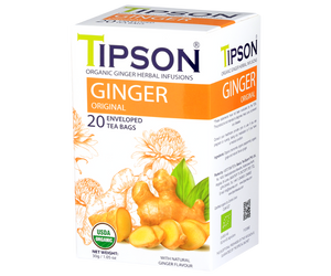 Tipson Ginger Original – organiczna mieszanka rumianku, mięty pieprzowej, imbiru oraz naturalnego aromatu imbiru. Kopertowane saszetki zostały umieszczone w opakowaniu ozdobionym grafiką kwiatów i imbiru.