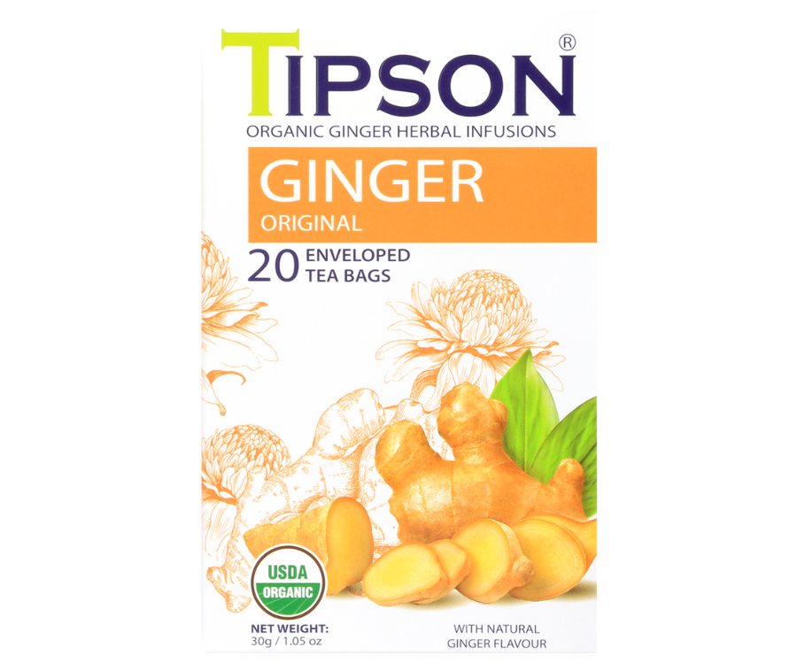 Tipson Ginger Original – organiczna mieszanka rumianku, mięty pieprzowej, imbiru oraz naturalnego aromatu imbiru. Kopertowane saszetki zostały umieszczone w opakowaniu ozdobionym grafiką kwiatów i imbiru.