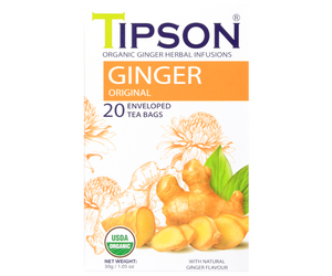 Tipson Ginger Original – organiczna mieszanka rumianku, mięty pieprzowej, imbiru oraz naturalnego aromatu imbiru. Kopertowane saszetki zostały umieszczone w opakowaniu ozdobionym grafiką kwiatów i imbiru.