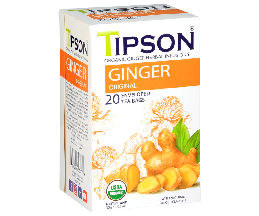 Tipson Ginger Original – organiczna mieszanka rumianku, mięty pieprzowej, imbiru oraz naturalnego aromatu imbiru. Kopertowane saszetki zostały umieszczone w opakowaniu ozdobionym grafiką kwiatów i imbiru.