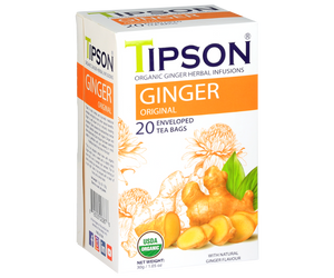 Tipson Ginger Original – organiczna mieszanka rumianku, mięty pieprzowej, imbiru oraz naturalnego aromatu imbiru. Kopertowane saszetki zostały umieszczone w opakowaniu ozdobionym grafiką kwiatów i imbiru.