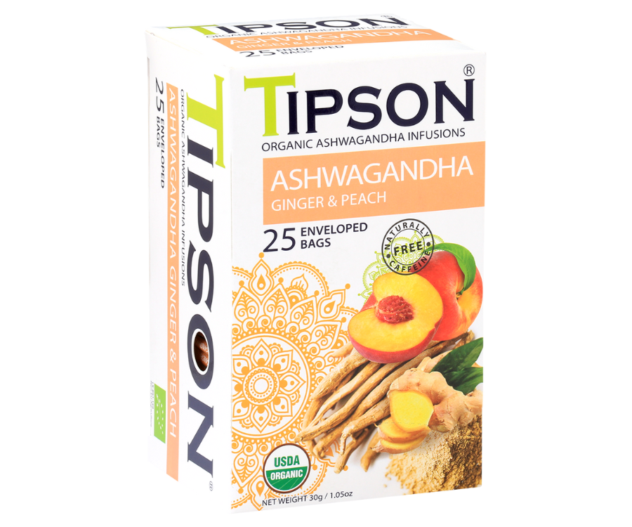 Tipson Ashwagandha Ginger & Peach – organiczna mieszanka rumianku, ashwagandhy, trawy cytrynowej, imbiru, cytryny, werbeny oraz naturalnego aromatu brzoskwini. Kopertowane saszetki zostały umieszczone w opakowaniu ozdobionym grafiką brzoskwiń  i przypraw.