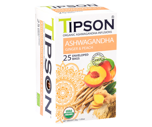 Tipson Ashwagandha Ginger & Peach – organiczna mieszanka rumianku, ashwagandhy, trawy cytrynowej, imbiru, cytryny, werbeny oraz naturalnego aromatu brzoskwini. Kopertowane saszetki zostały umieszczone w opakowaniu ozdobionym grafiką brzoskwiń  i przypraw.