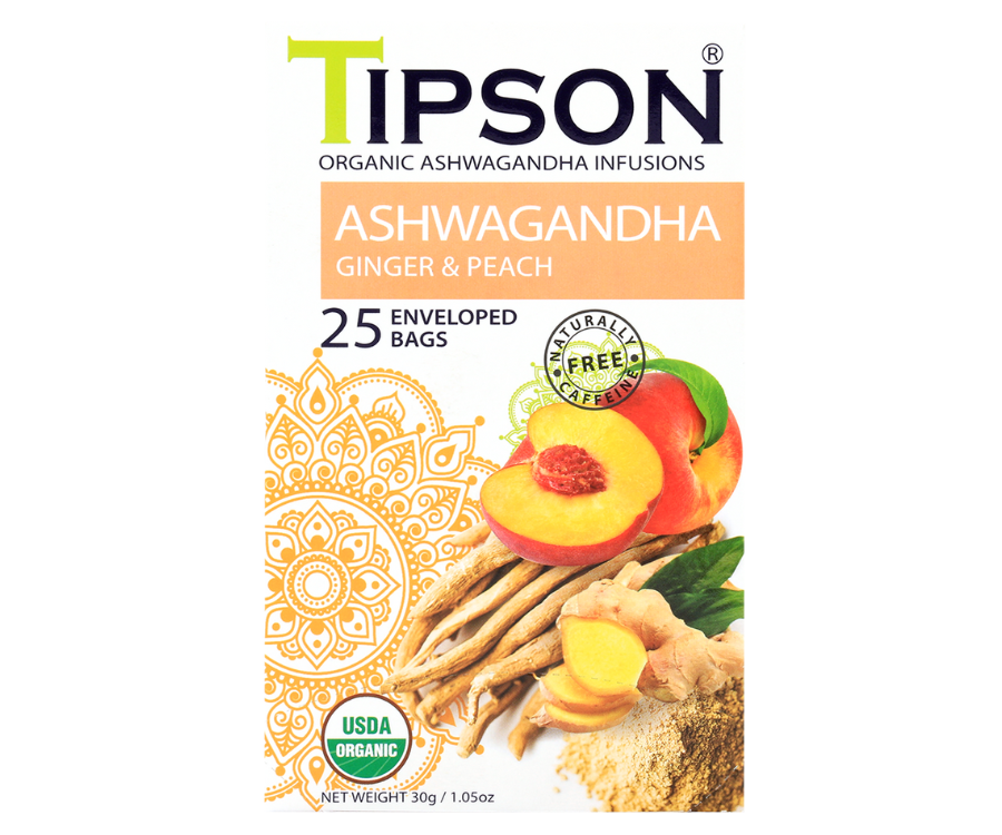 Tipson Ashwagandha Ginger & Peach – organiczna mieszanka rumianku, ashwagandhy, trawy cytrynowej, imbiru, cytryny, werbeny oraz naturalnego aromatu brzoskwini. Kopertowane saszetki zostały umieszczone w opakowaniu ozdobionym grafiką brzoskwiń  i przypraw.