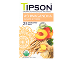 Tipson Ashwagandha Ginger & Peach – organiczna mieszanka rumianku, ashwagandhy, trawy cytrynowej, imbiru, cytryny, werbeny oraz naturalnego aromatu brzoskwini. Kopertowane saszetki zostały umieszczone w opakowaniu ozdobionym grafiką brzoskwiń  i przypraw.